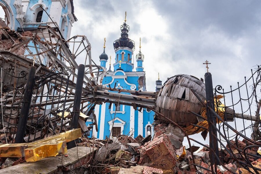 The church at Bohorodychne after Russian occupation, March 2023. | Jen Stout