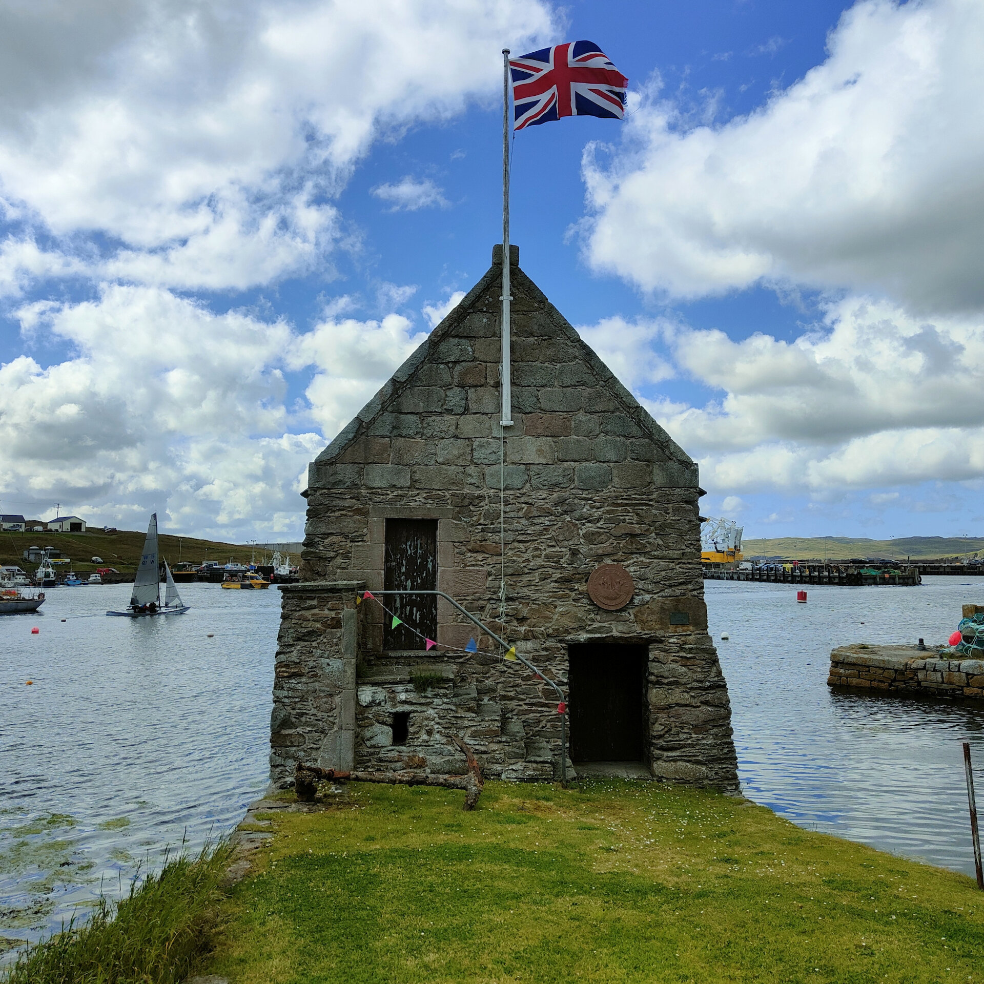 The Hanseatic Booth overlooking Whalsay Harbour.