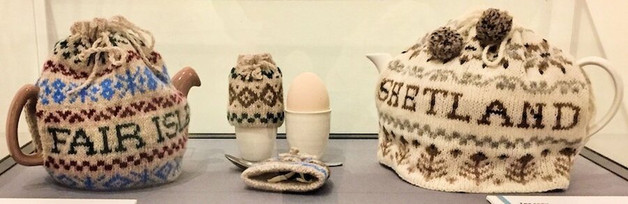 Knitted tea and egg cosies, Fair Isle & Sandwick, Shetland Museum textile collection | Alastair Hamilton