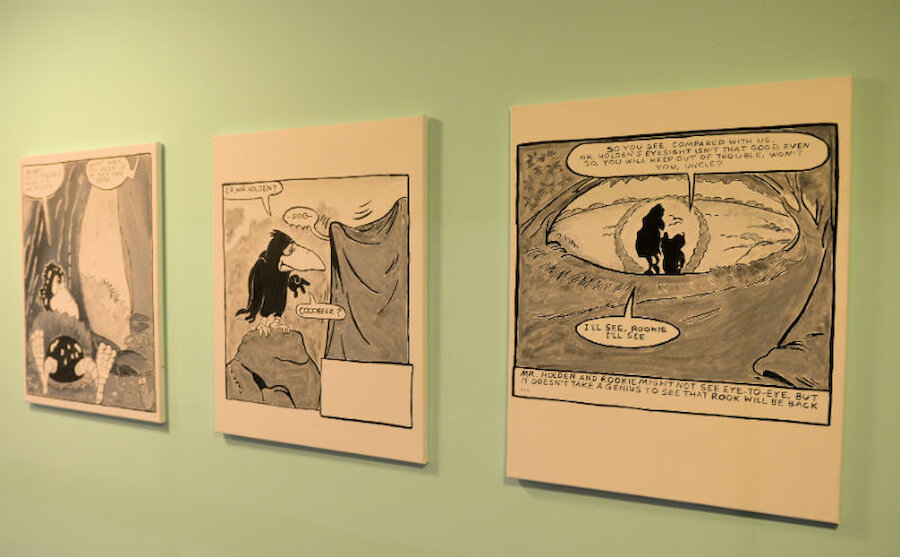 The cartoons feature a crow that appears later in the exhibition (Courtesy Artangel/Shetland Arts/Alastair Hamilton)