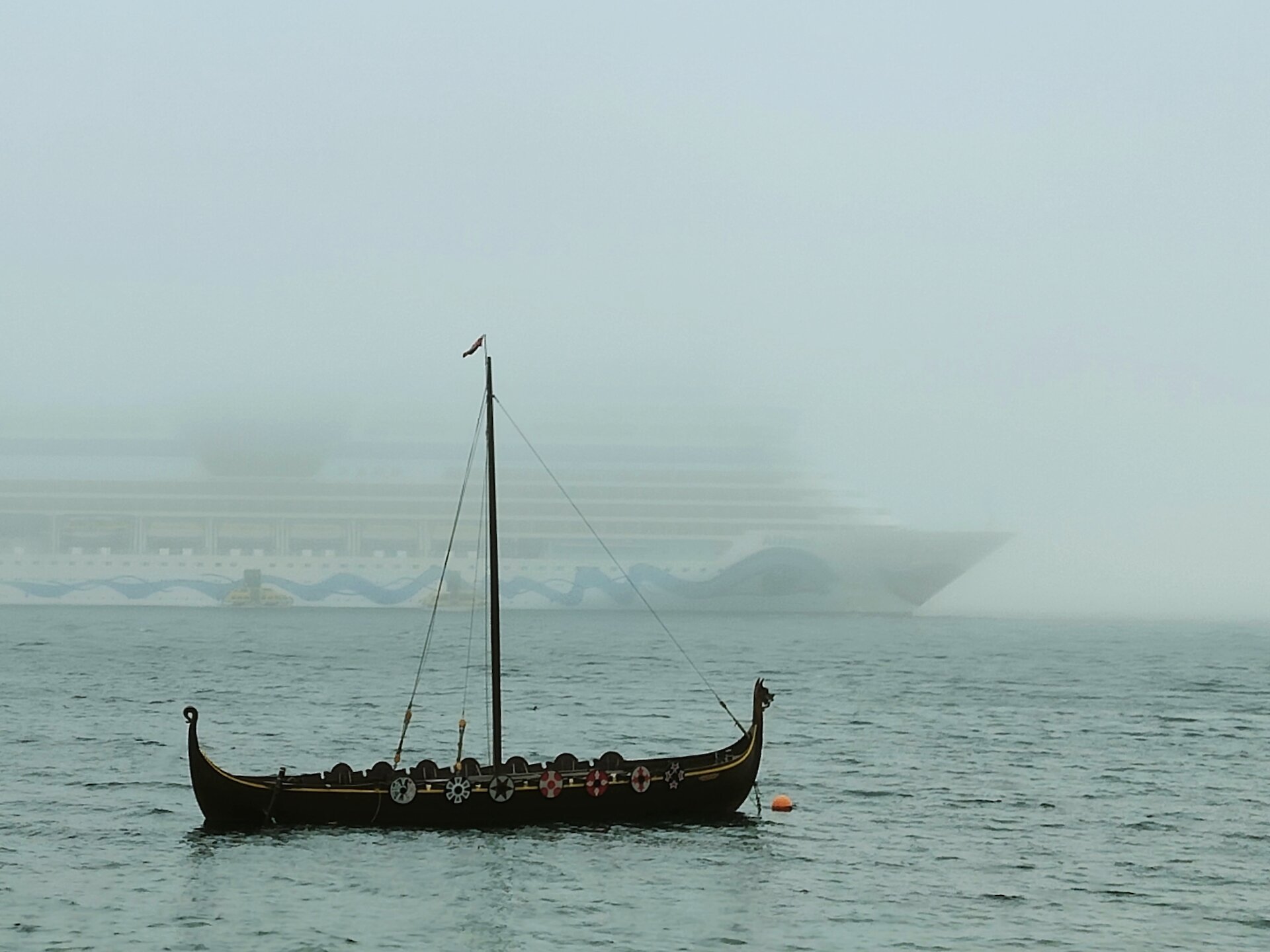 There are many visible signs of Shetland's Norse heritage, including the Dim Riv longboat in Lerwick Harbour.