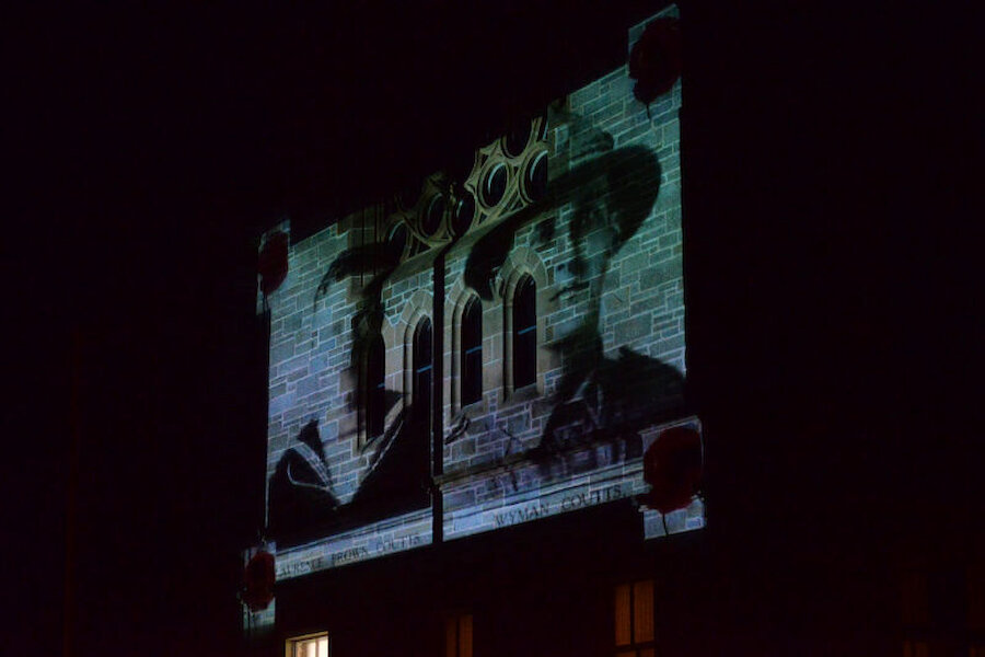Images of Shetland service personnel were projected onto the Lerwick Town Hall (Cortesy Alastair Hamilton)