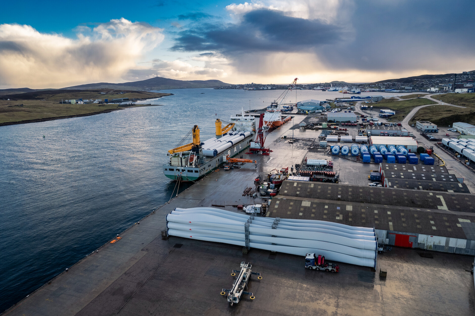 Components for the Viking Energy Wind Farm on the laydown area at Lerwick Harbour.