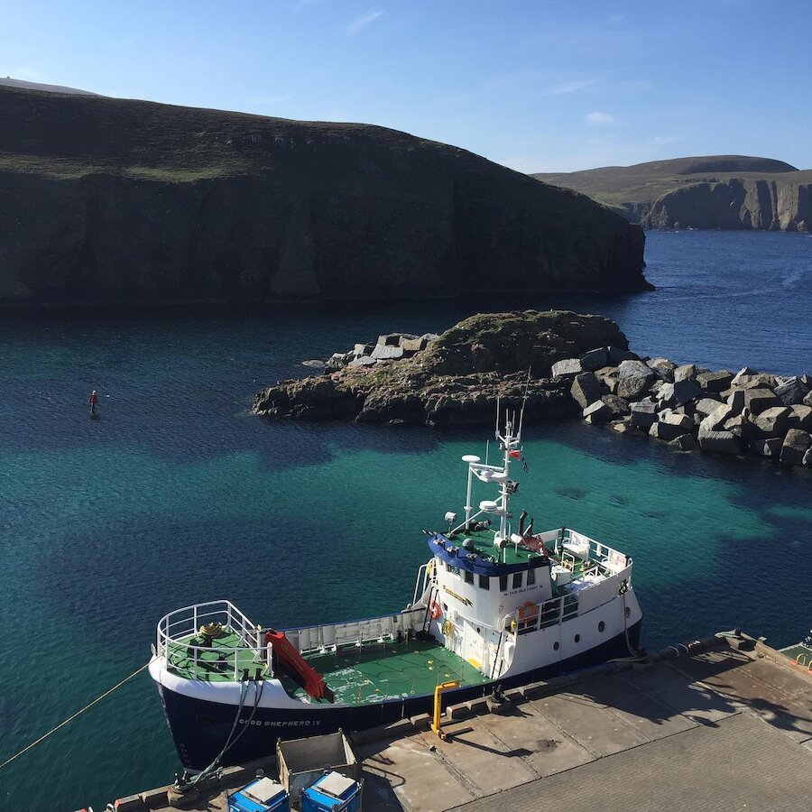 Fair Isle ferry the Good Shepherd at her berth in the isle.