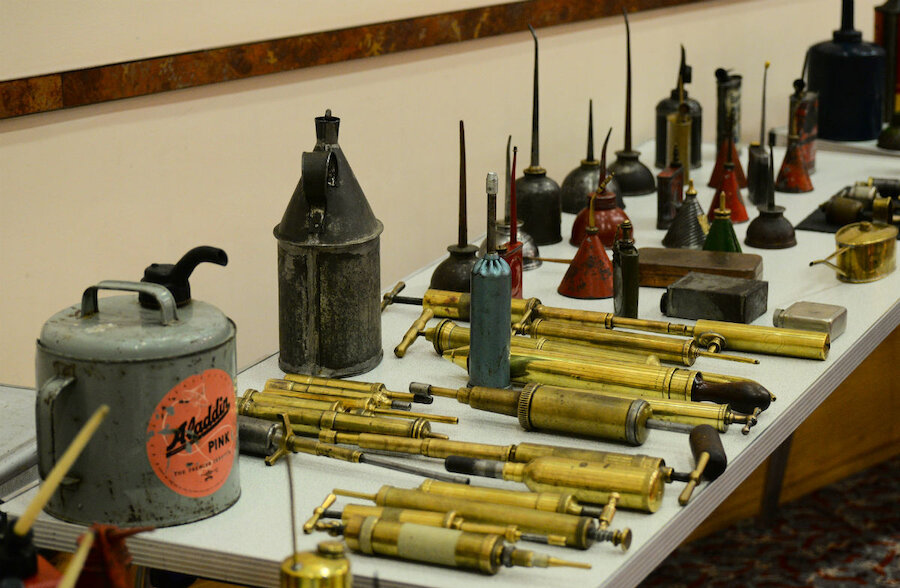 Just some of the grease guns and oil cans, including a reminder of Aladdin Pink Paraffin (Courtesy Alastair Hamilton)