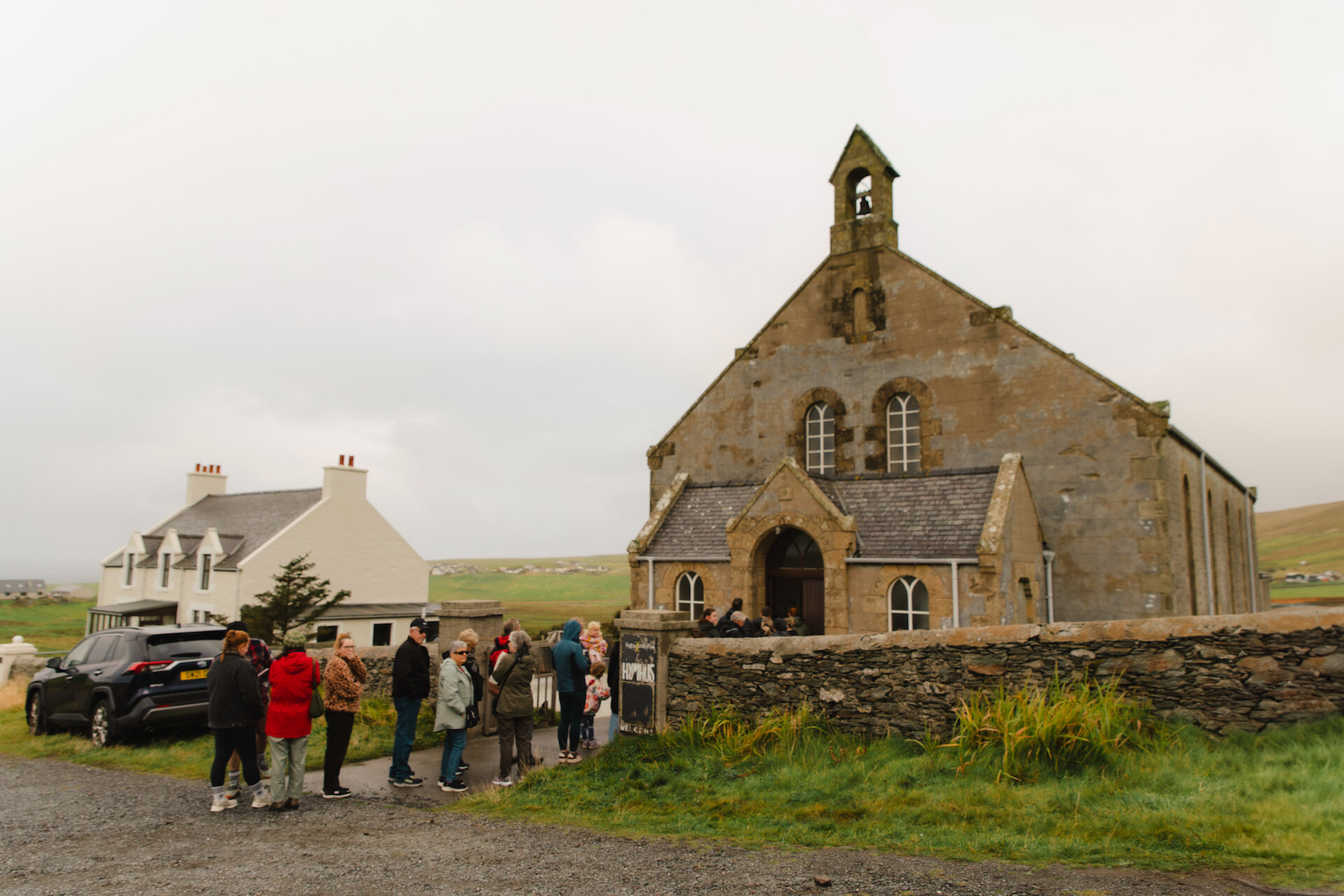 Queues forming outside the Hymhus in Bigton for the Saturday morning bakery and coffee.