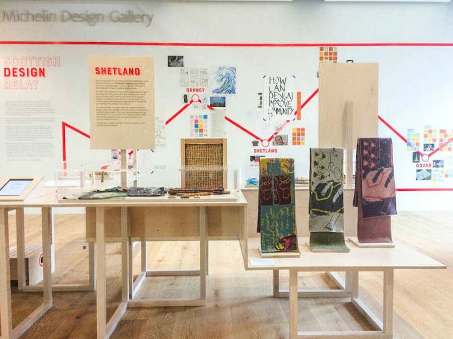 The Shetland exhibit produced as part of the Scottish Design Relay, seen here at the magnificent new V&A Dundee (Courtesy Leanne Fischler)