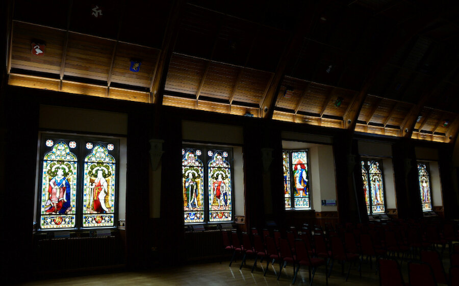 The magnificent set of windows in the west wall of the main hall (Courtesy Alastair Hamilton)