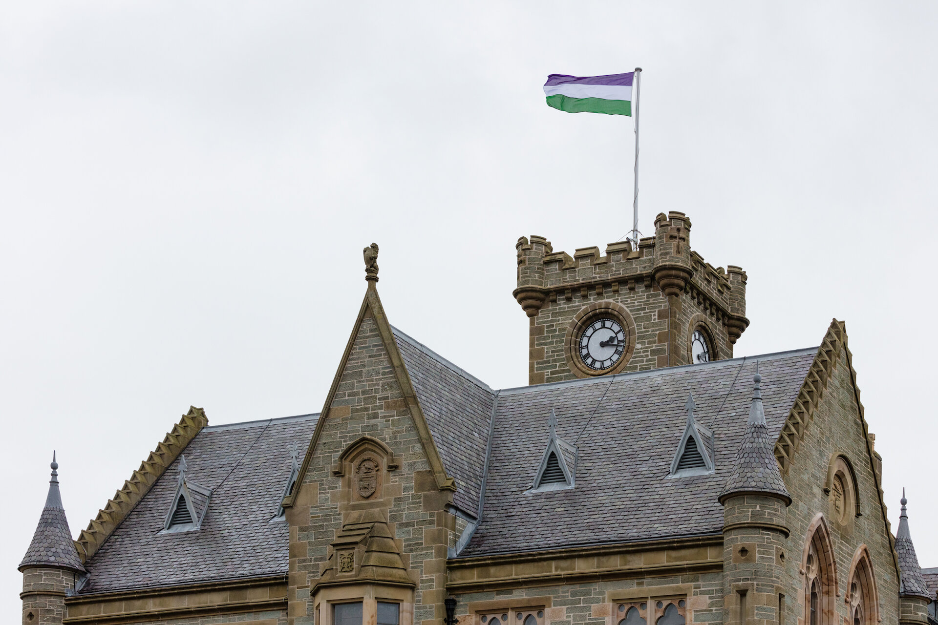 Suffragette flag flying above Lerwick Town Hall for International Women's Day 2018
