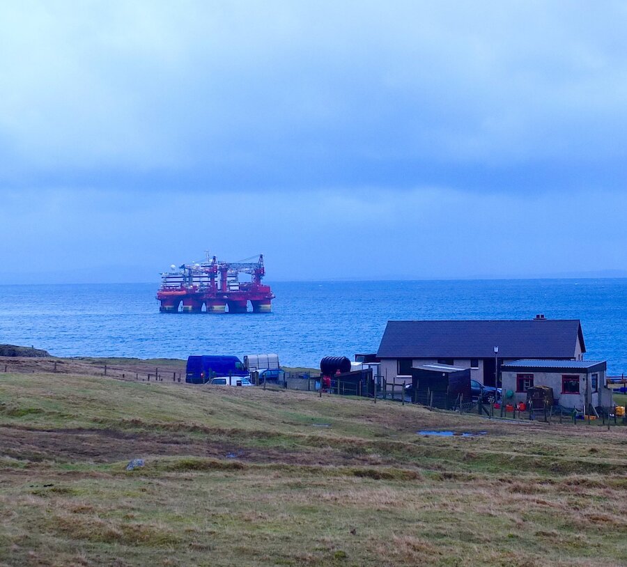 Floatel Victory, a 560-person accommodation rig working on the Clair Ridge, seen sheltering off Eshaness