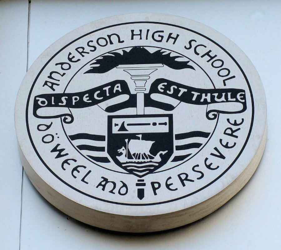 The school motto appears on a plaque by the entrance. Dispecta est Thule (Thule was seen) is a slightly abbreviated version of a line by Tacitus, chronicling a voyage around the British Isles; however, it is unclear whether whether Tacitus was referring to what we now know as Shetland (Courtesy Alastair Hamilton)