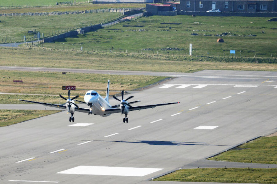 A Saab 2000 aircraft takes off on the south-easterly runway at Sumburgh Airport (Courtesy Alastair Hamilton)