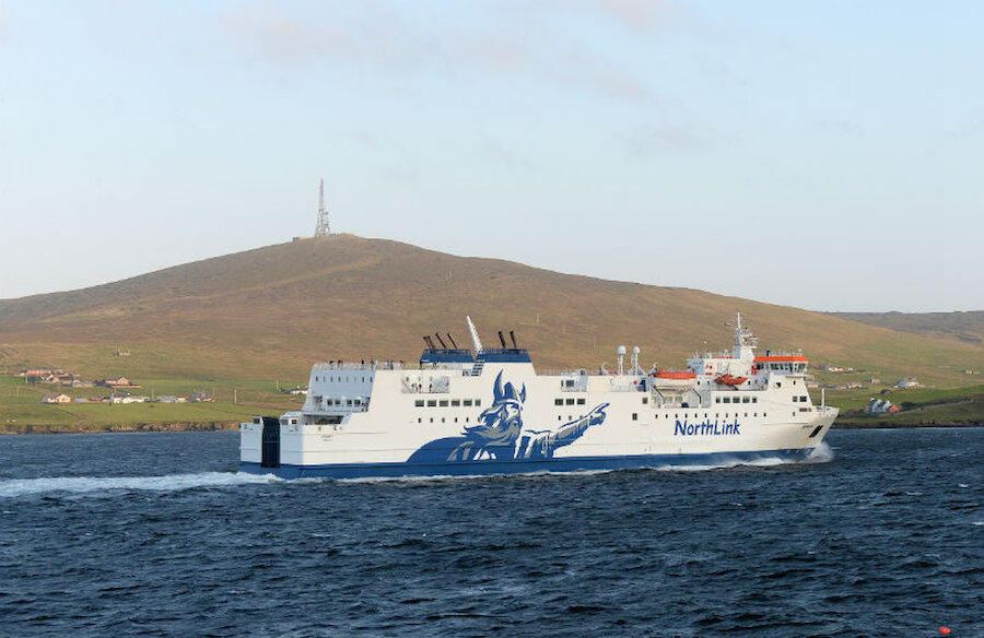 MV Hrossey, one of the two ferries that serves Shetland, leaves Lerwick harbour on her journey to Aberdeen (Courtesy Alastair Hamilton)