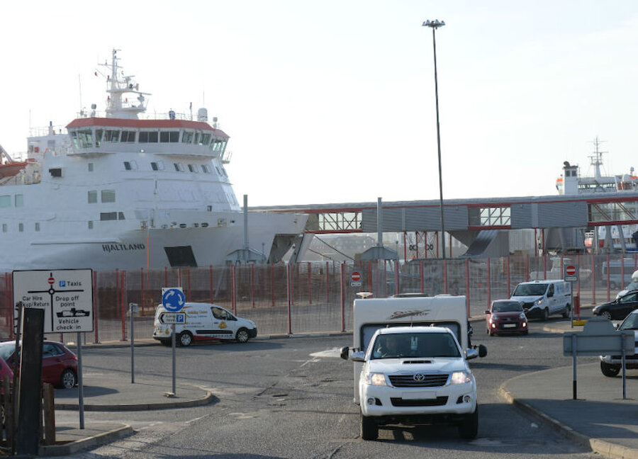 Cars and caravans disembark from MV Hjaltland on arrival at Lerwick (Courtesy Alastair Hamilton)