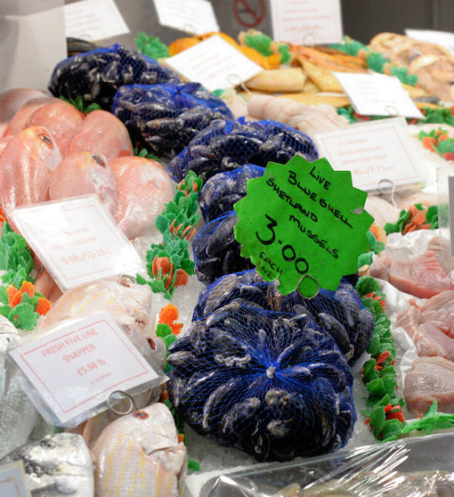 Shetland mussels on sale in Leeds Market (Courtesy Alastair Hamilton)