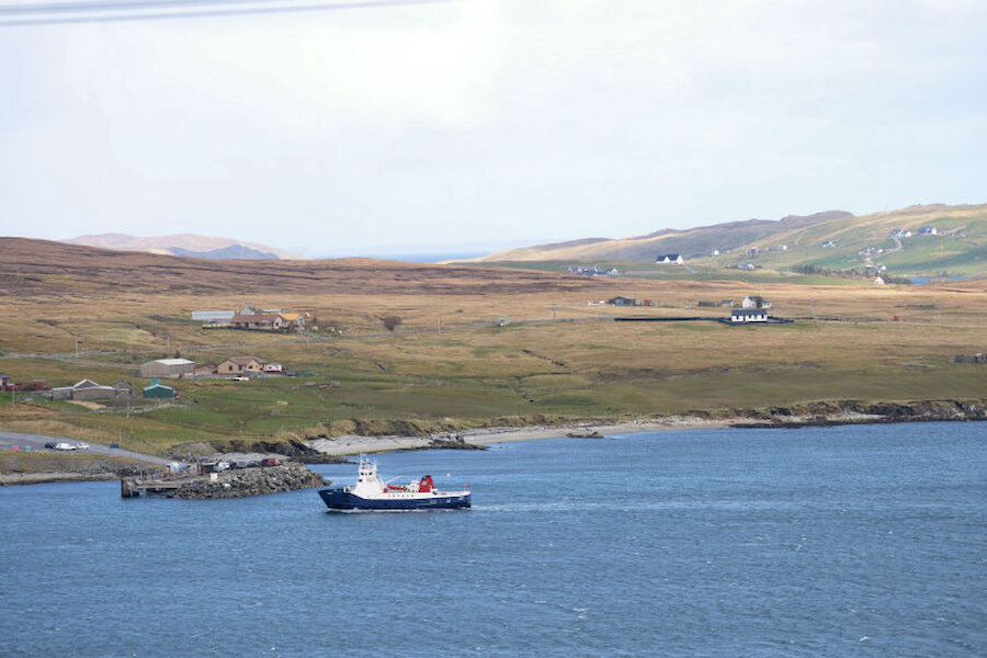 South Lunnasting and the ferry terminal, on Dury Voe, which serves the island of Whalsay (Courtesy Alastair Hamilton)