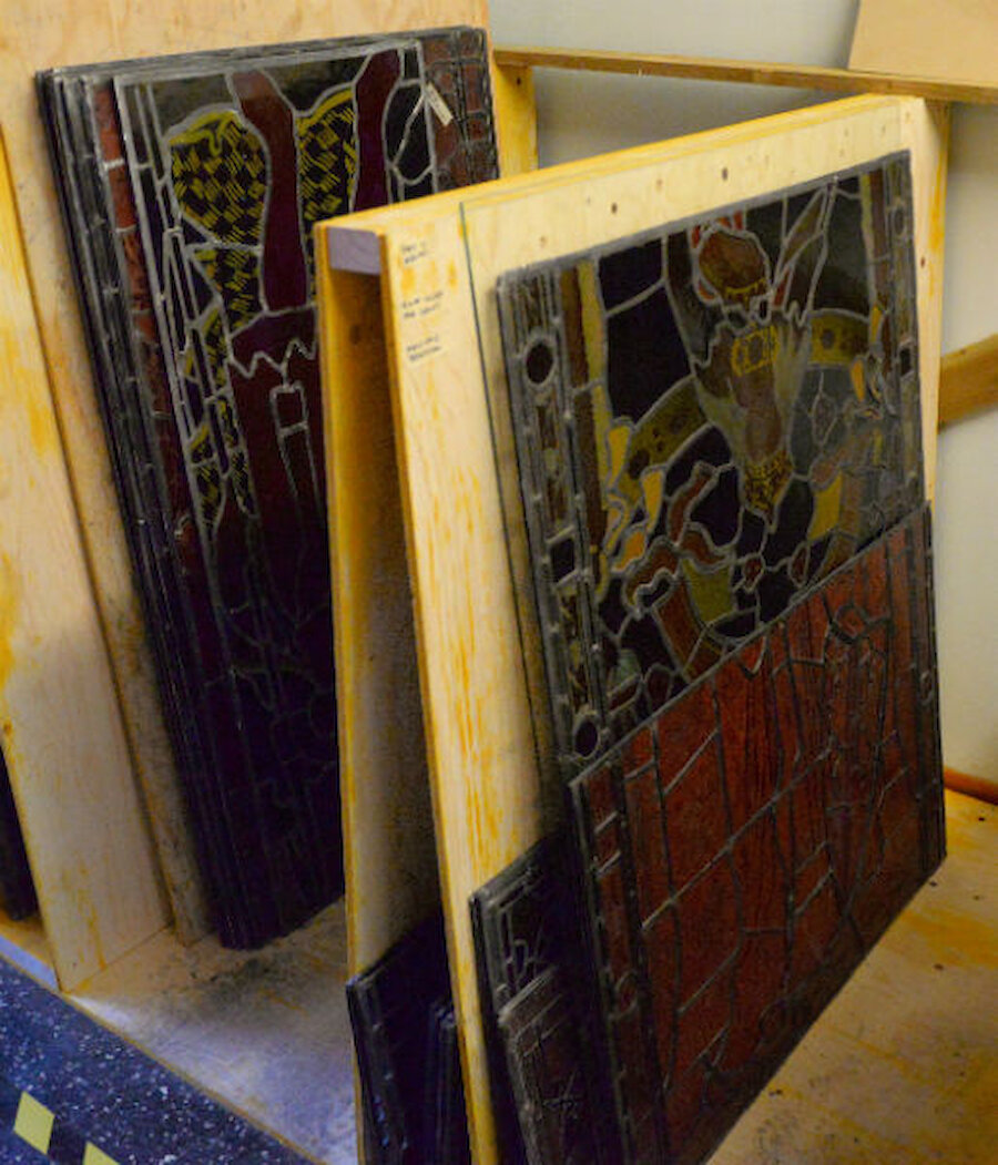 Restored panels of stained glass, safely stored (Courtesy Alastair Hamilton)