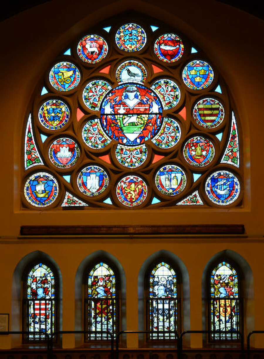 The rose window and panels in the north gable of the main hall. (Courtesy Alastair Hamilton)