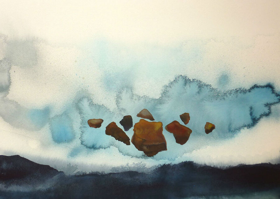Rocks on ice, watercolour and bodycolour on paper, 70cm by 50cm, by Peter Davis (Courtesy Shetland Arts)