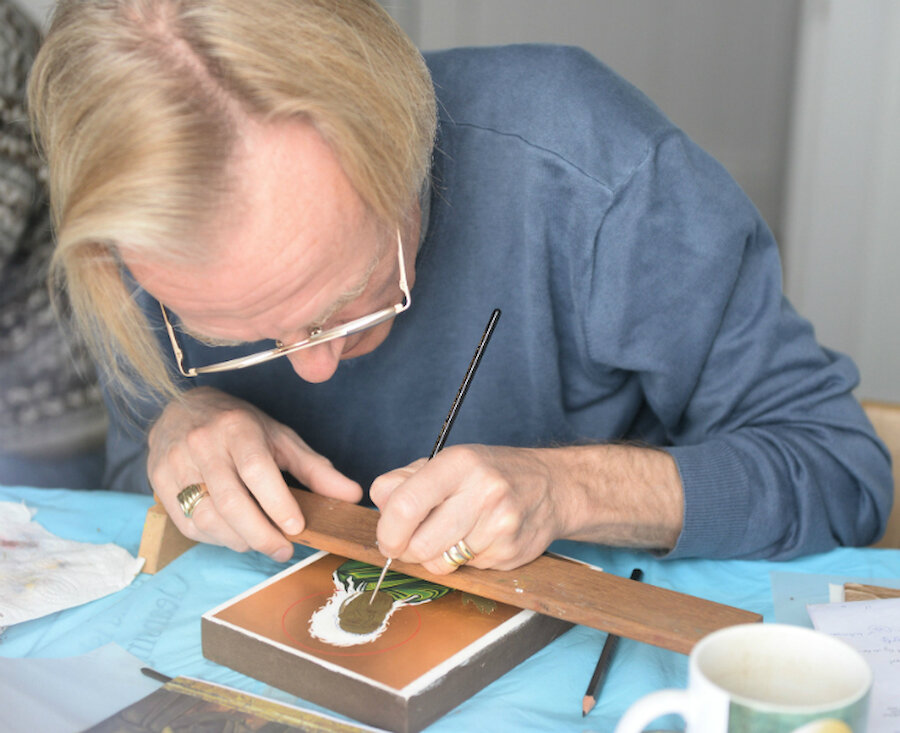 Jan van Alphen enjoys executing the precise brushwork required in icon painting. (Courtesy Alastair Hamilton)