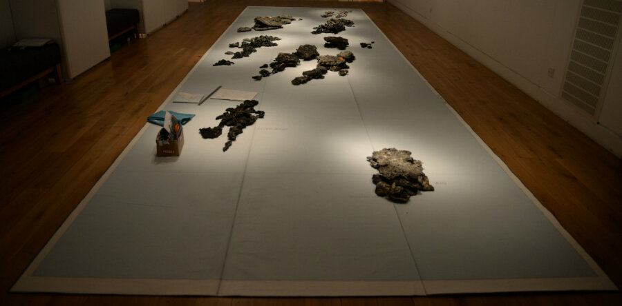 The first part of the exhibition presents an archipelago formed from plastiglomerate. (Courtesy Alastair Hamilton)