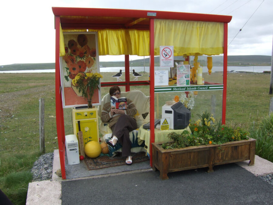One feature of Unst is this fully-furnished bus shelter: the decor changes seasonally.